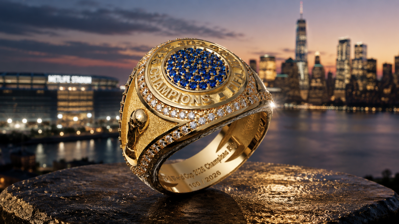 The Champions Ring — 18k gold, diamonds and sapphires, before the New York skyline